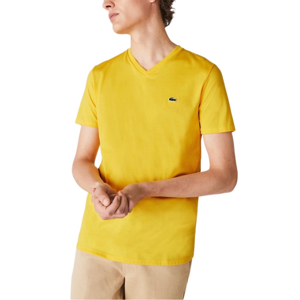 (Sold) Lacoste V Neck Yellow T Shirt Mens Graphic Preppy Statement Fitted Unisex - Picture 1 of 7